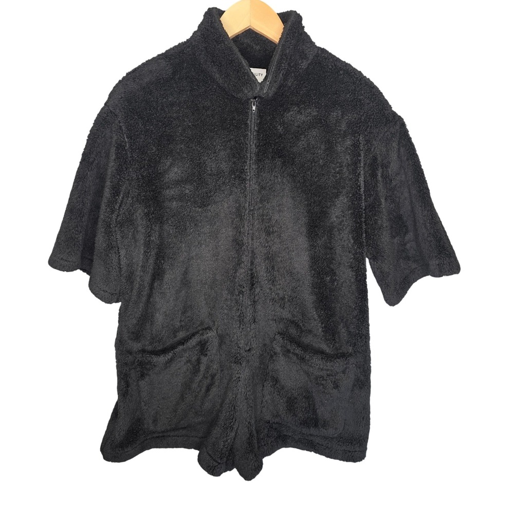 Rivet Utility Stunner Sherpa Short Romper Women S Black Fleece Teddy Zip Up Cozy